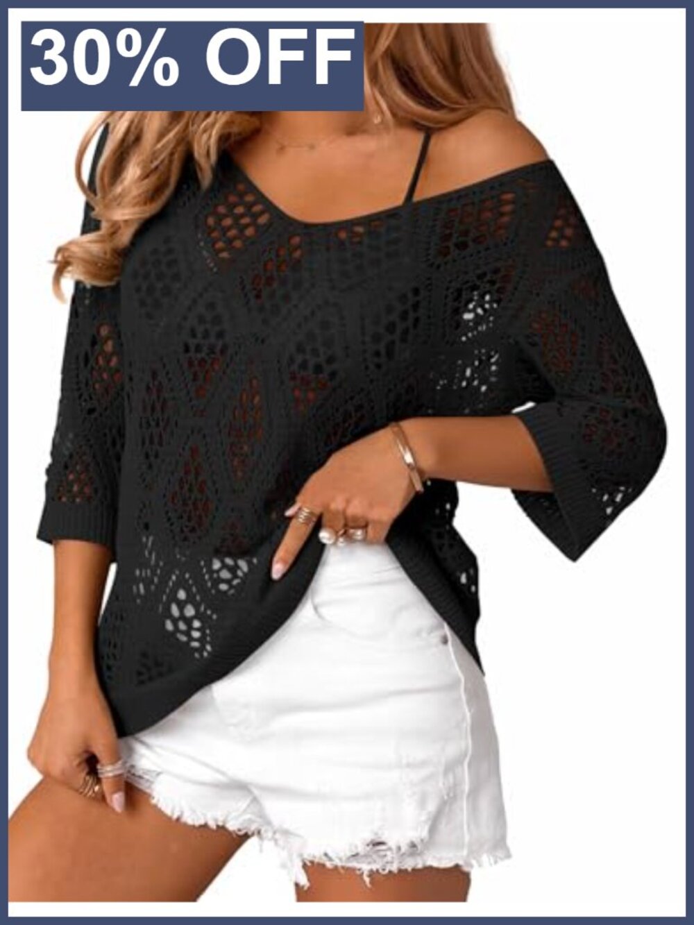Women's Crochet Cover Up 3/4 Sleeve Sheer Knit Beach Vacation Top